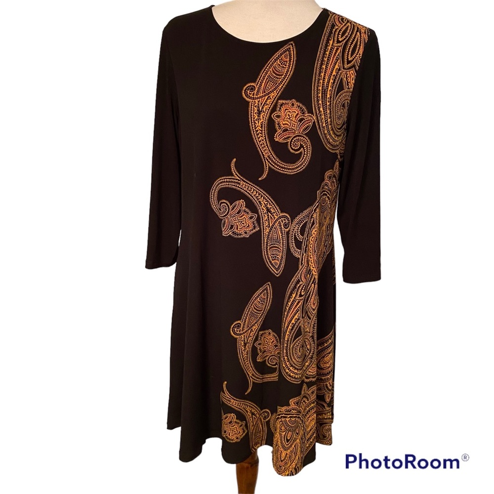 JOSEPH RIBKOFF DRESS BLACK GOLD PAISLEY PRINT 3/4 SLEEVE A-LINE SHIFT TRAPEZE 10